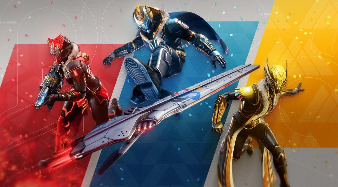 Destiny 2 Guardian Games graphic of three Guardians in event armor that is red (left), blue (middle), and yellow (right)