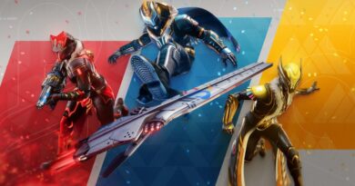 Destiny 2 Guardian Games graphic of three Guardians in event armor that is red (left), blue (middle), and yellow (right)