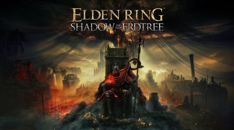 Elden Ring Shadow of the Erdtree art featuring the land of shadow with Messmer the Impaler sitting on a throne in the foreground