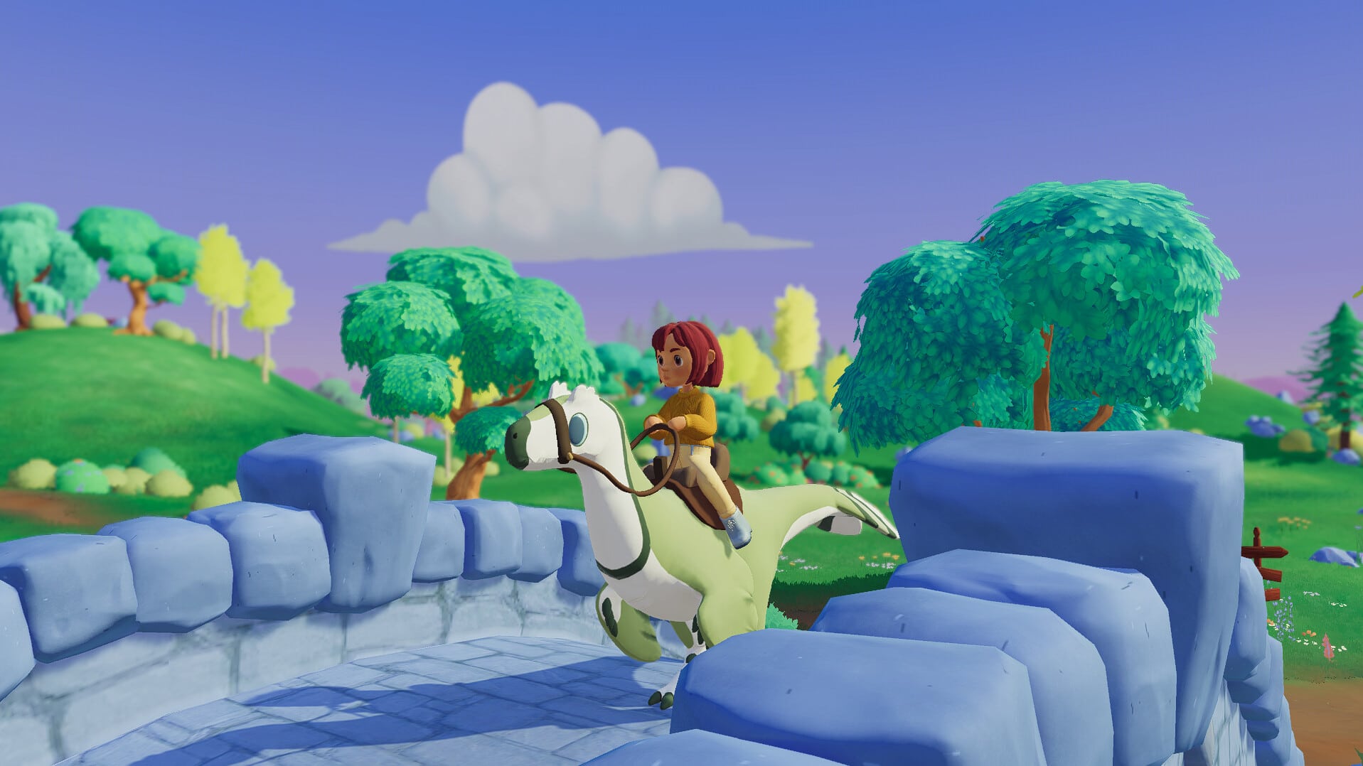 Paleo Pines screenshot of a player riding a dinosaur over a stone bridge