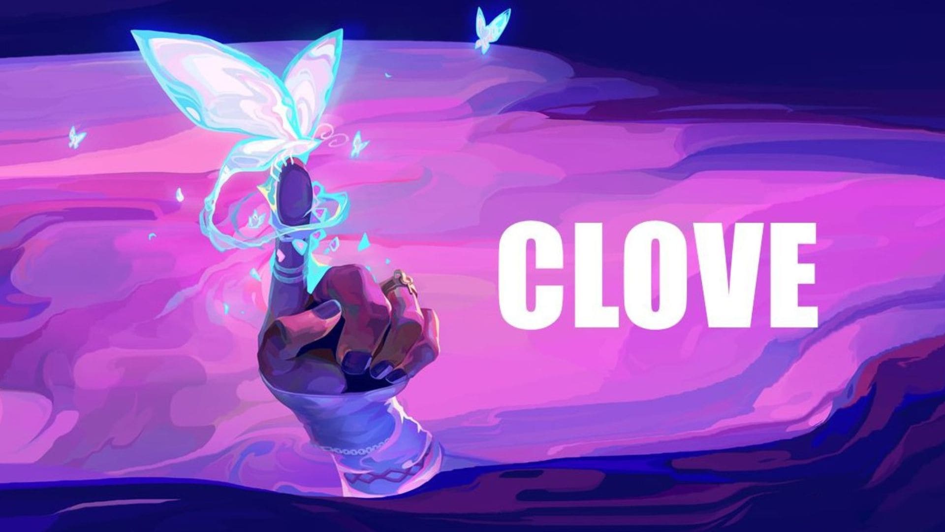 Clove graphic with agent's name and hand holding butterflies
