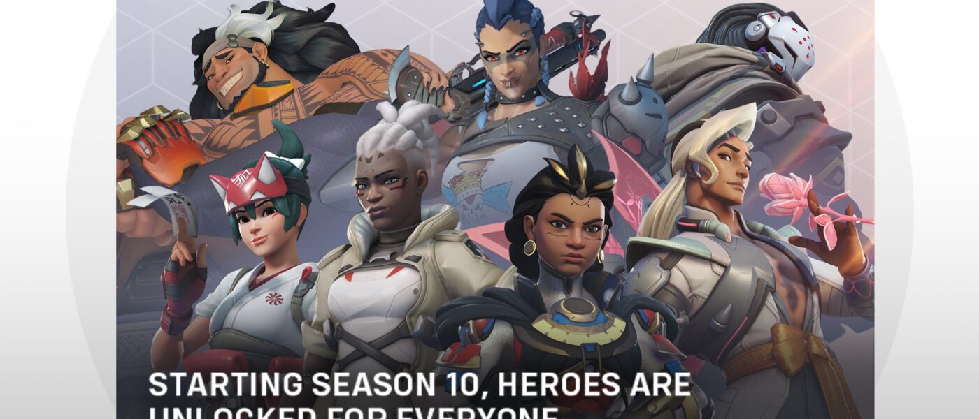 Overwatch 2 graphic that says starting season 20 heroes are unlocked for everyone