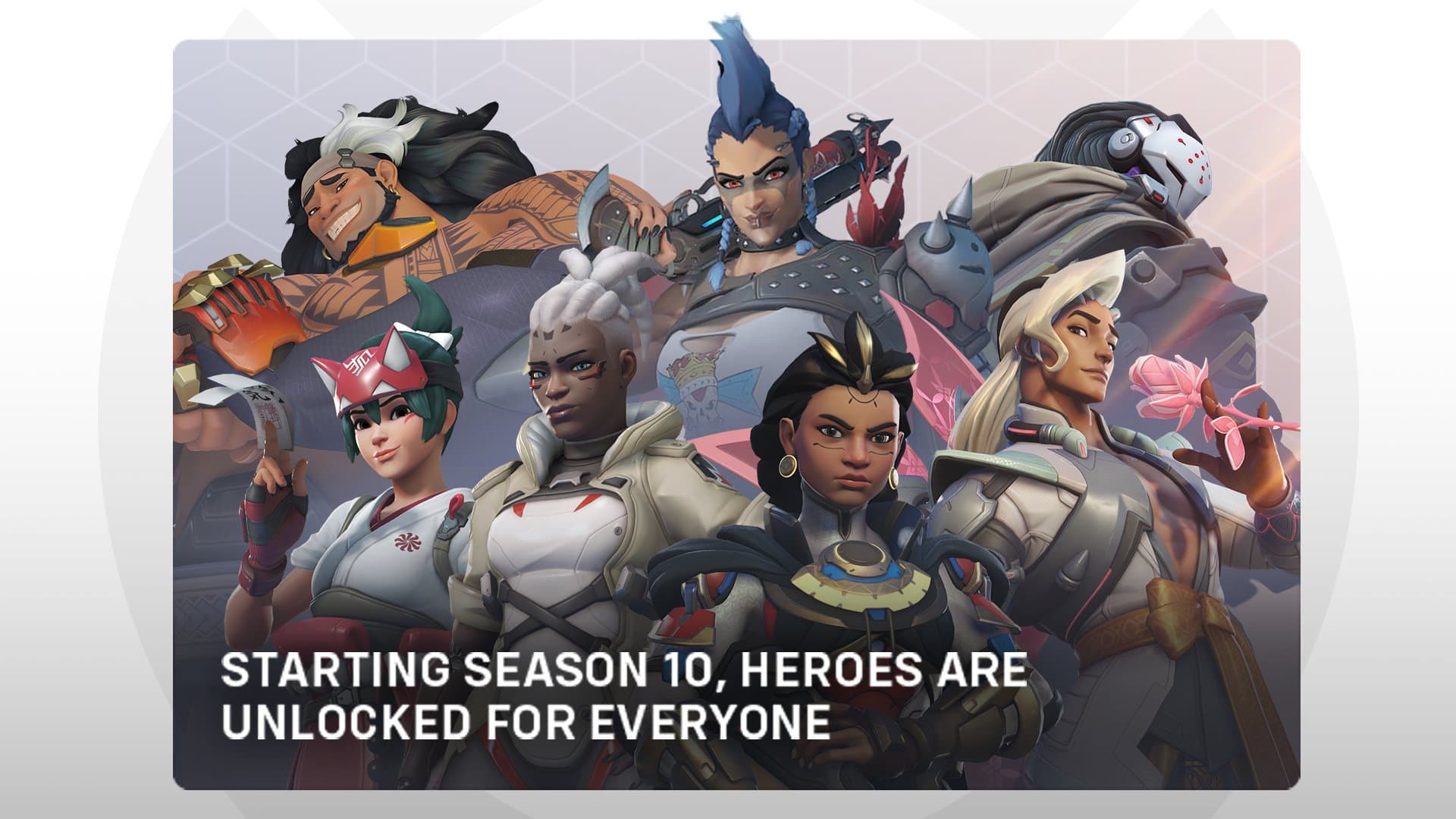 Overwatch 2 graphic that says starting season 20 heroes are unlocked for everyone