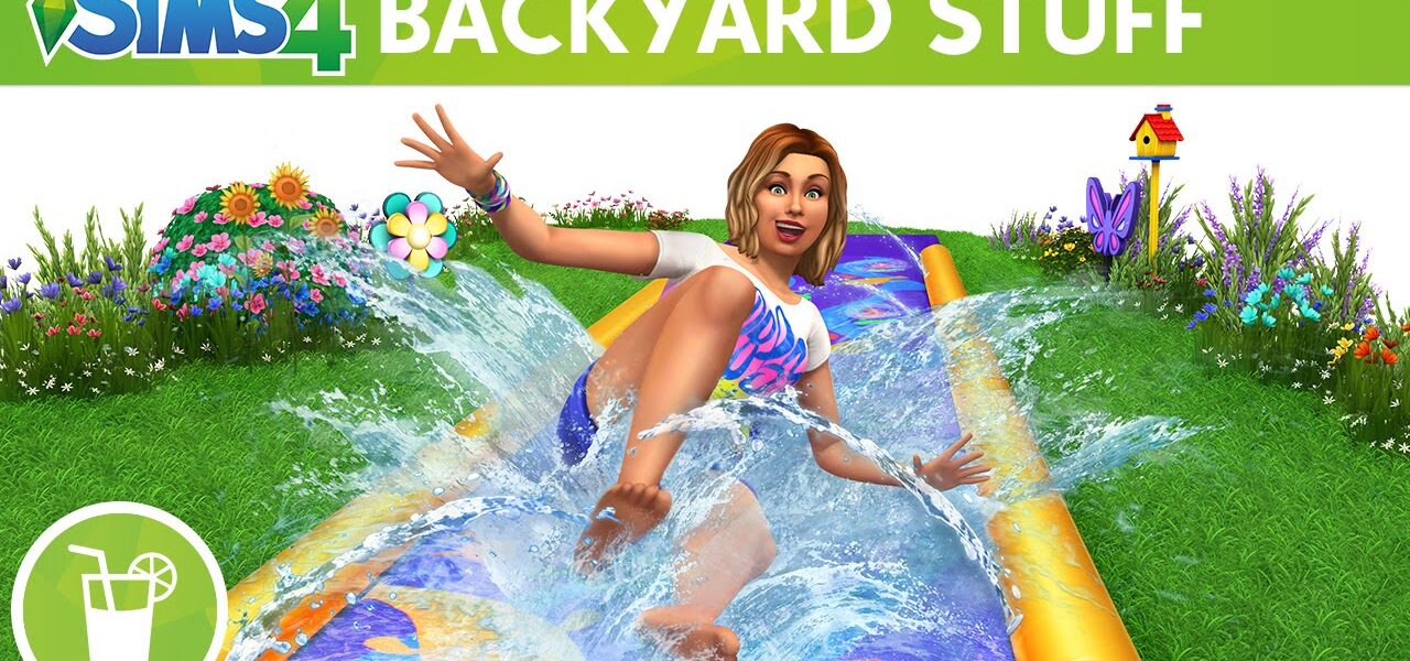 The Sims 4 Backyard Stuff graphic of a Sim sliding on a slip and slide