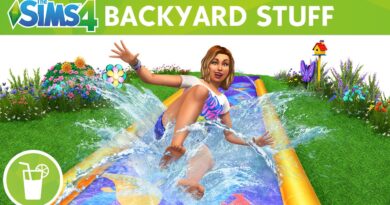 The Sims 4 Backyard Stuff graphic of a Sim sliding on a slip and slide