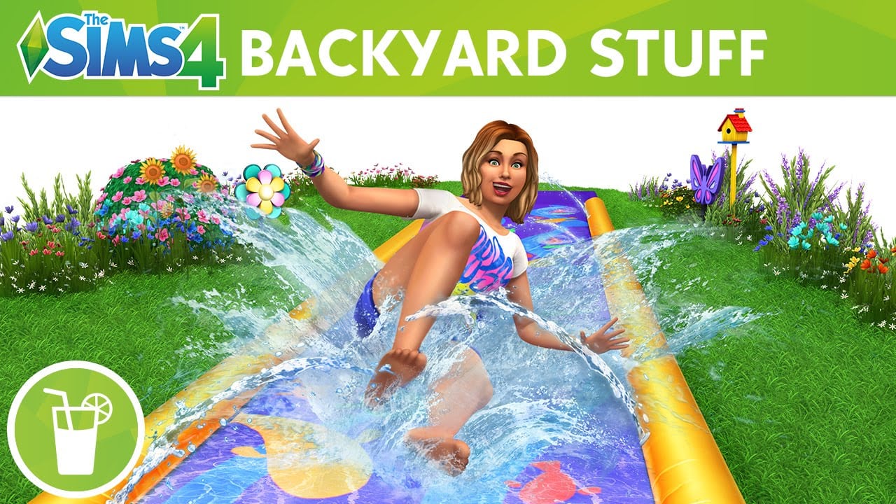 The Sims 4 Backyard Stuff graphic of a Sim sliding on a slip and slide