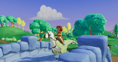 Paleo Pines screenshot of a player riding a dinosaur over a stone bridge