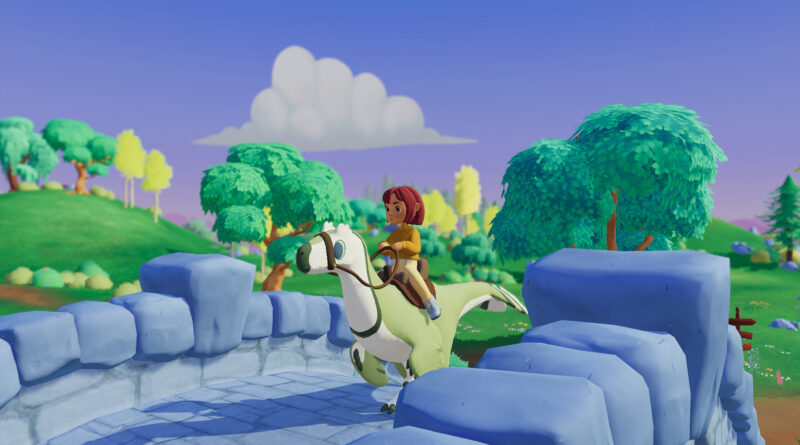 Paleo Pines screenshot of a player riding a dinosaur over a stone bridge